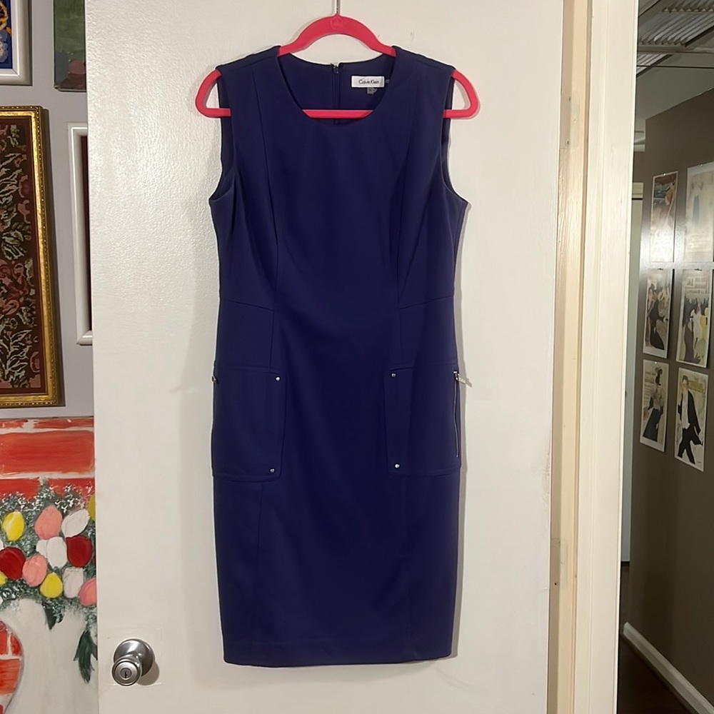 Calvin Klein indigo sheath sleeveless dress.